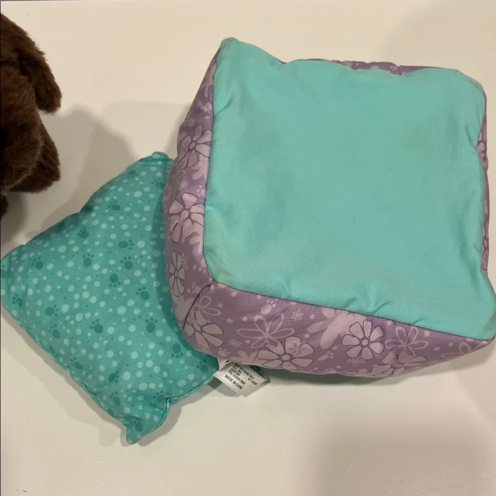 American Girl Brown Plush Dog with Teal and Purple Bed